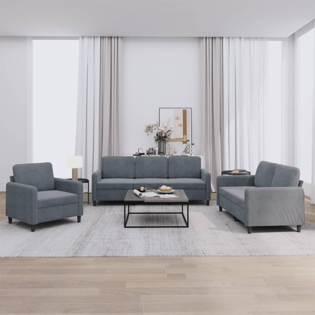3 Pcs conjunto de sofás veludo cinzento-escuro