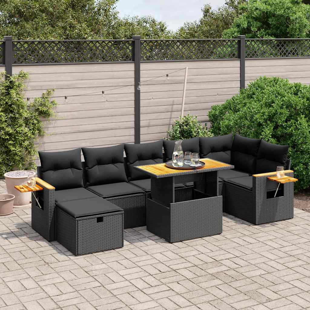 8 Pcs conjunto sofás de jardim com almofadões vime PE preto
