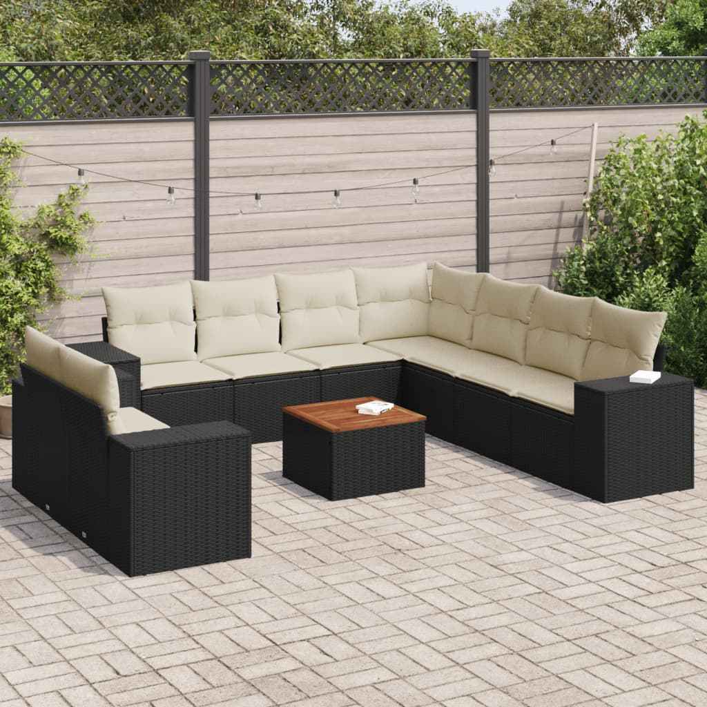 10 Pcs conjunto sofás de jardim c/ almofadões vime PE preto