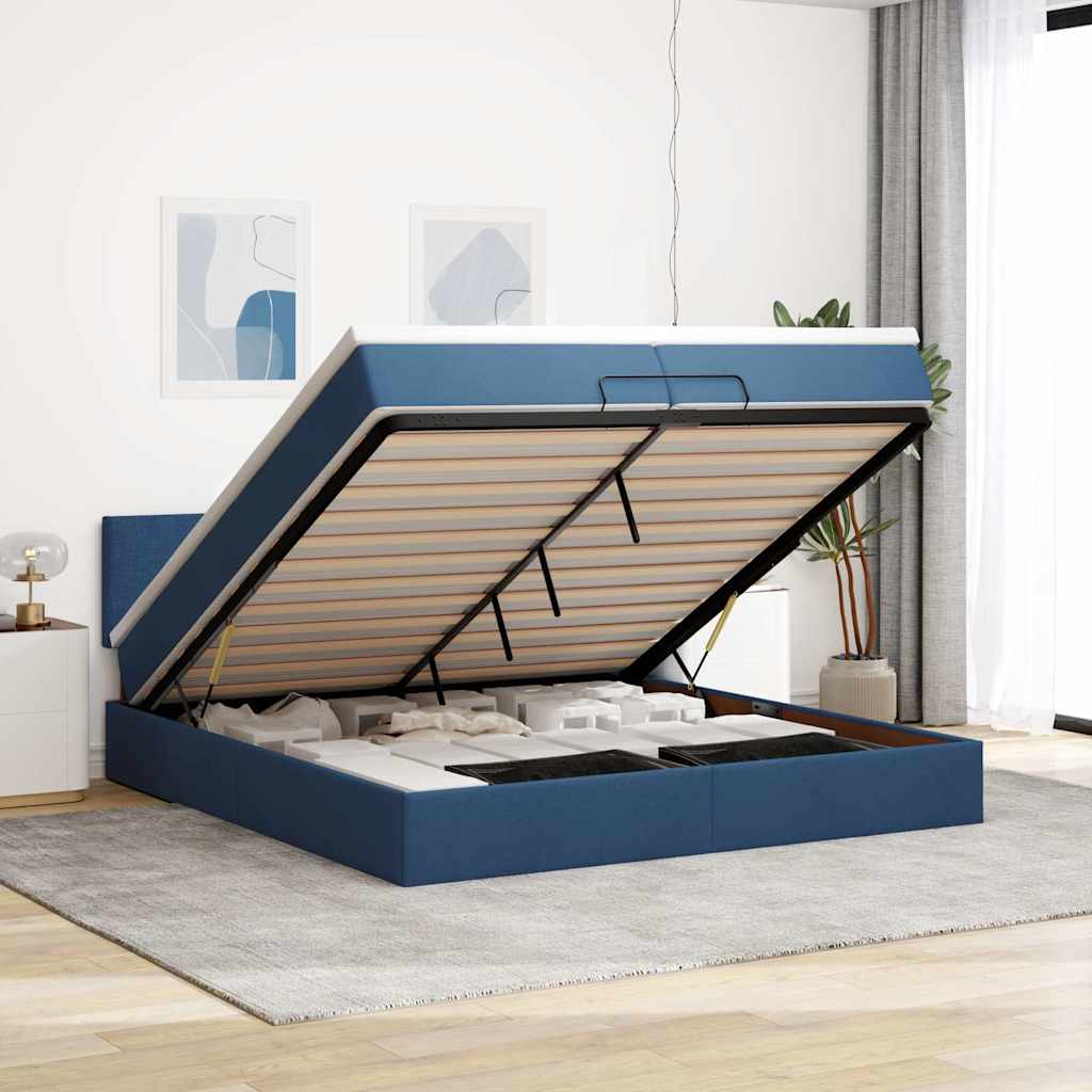 Estrutura de cama otomana com colchões 200x200cm tecido azul