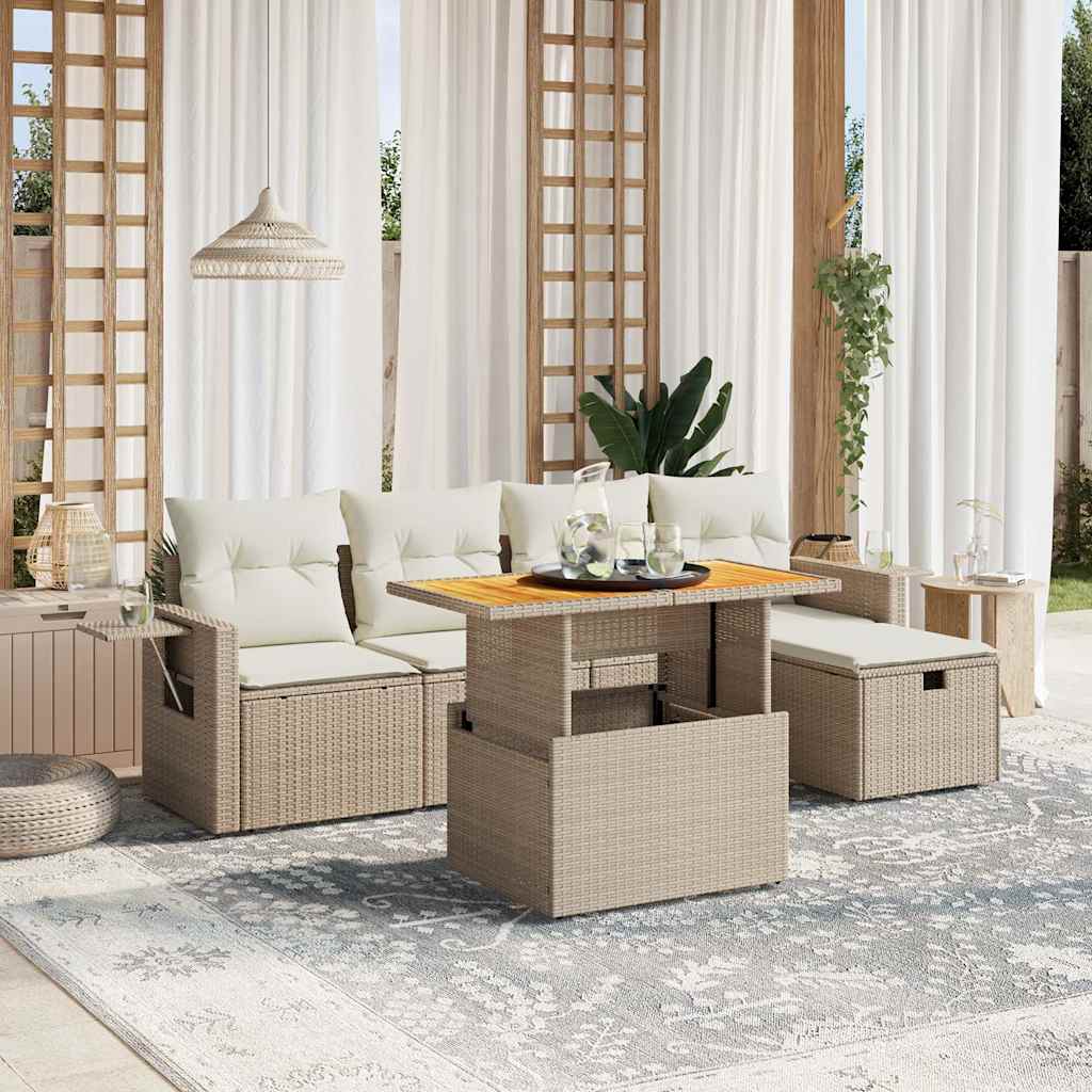 6 Pcs conjunto de sofás p/ jardim com almofadões vime PE bege