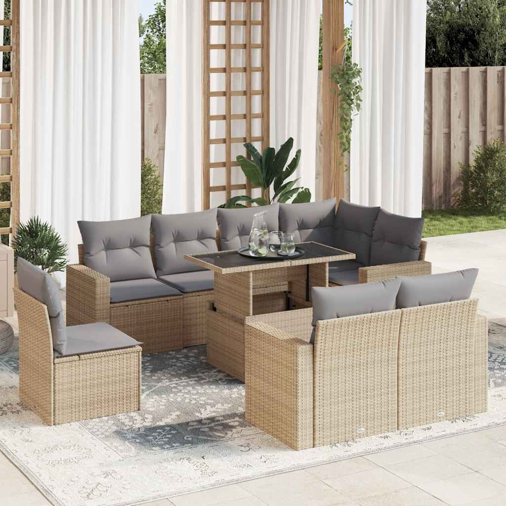 9 Pcs conjunto de sofás p/ jardim com almofadões vime PE bege