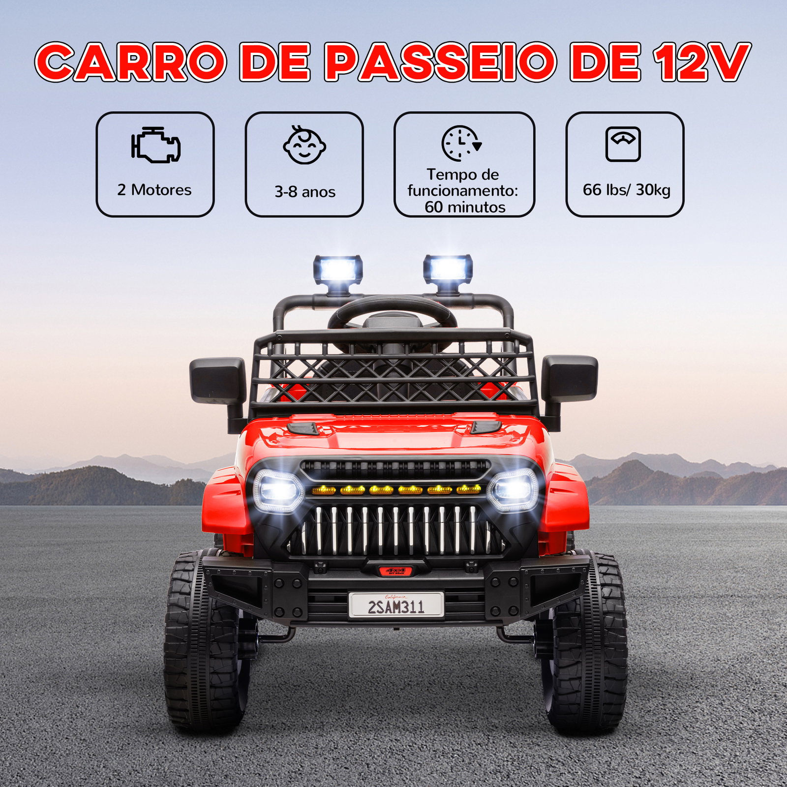 Carro elétrico para crianças carro elétrico infantil utv 12v com velocidade ajustável USB e faróis 95x62,5x65 cm vermelho
