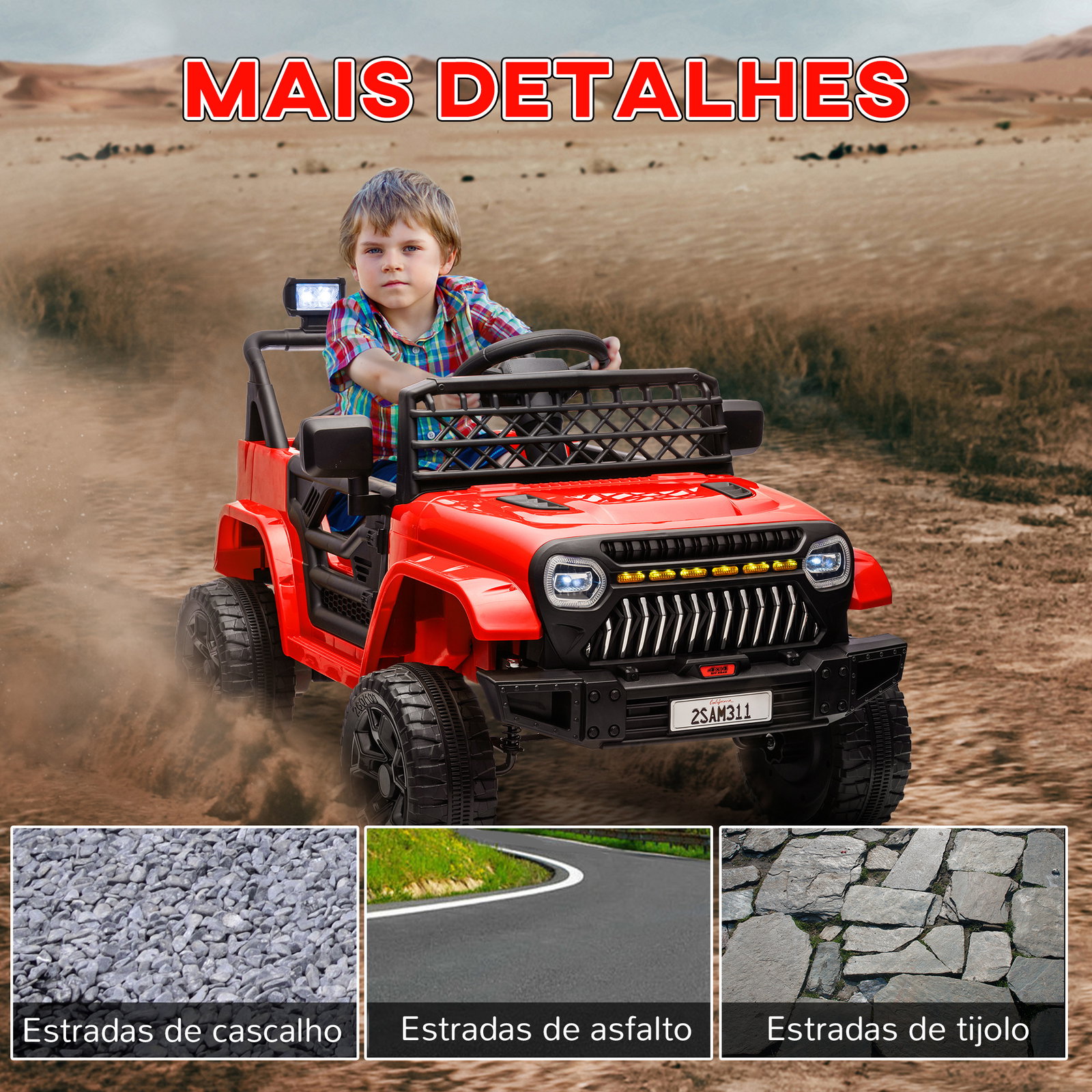 Carro elétrico para crianças carro elétrico infantil utv 12v com velocidade ajustável USB e faróis 95x62,5x65 cm vermelho