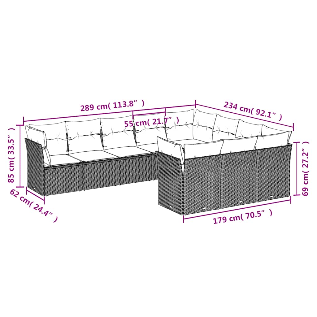 10 Pcs conjunto sofás de jardim c/ almofadões vime PE preto