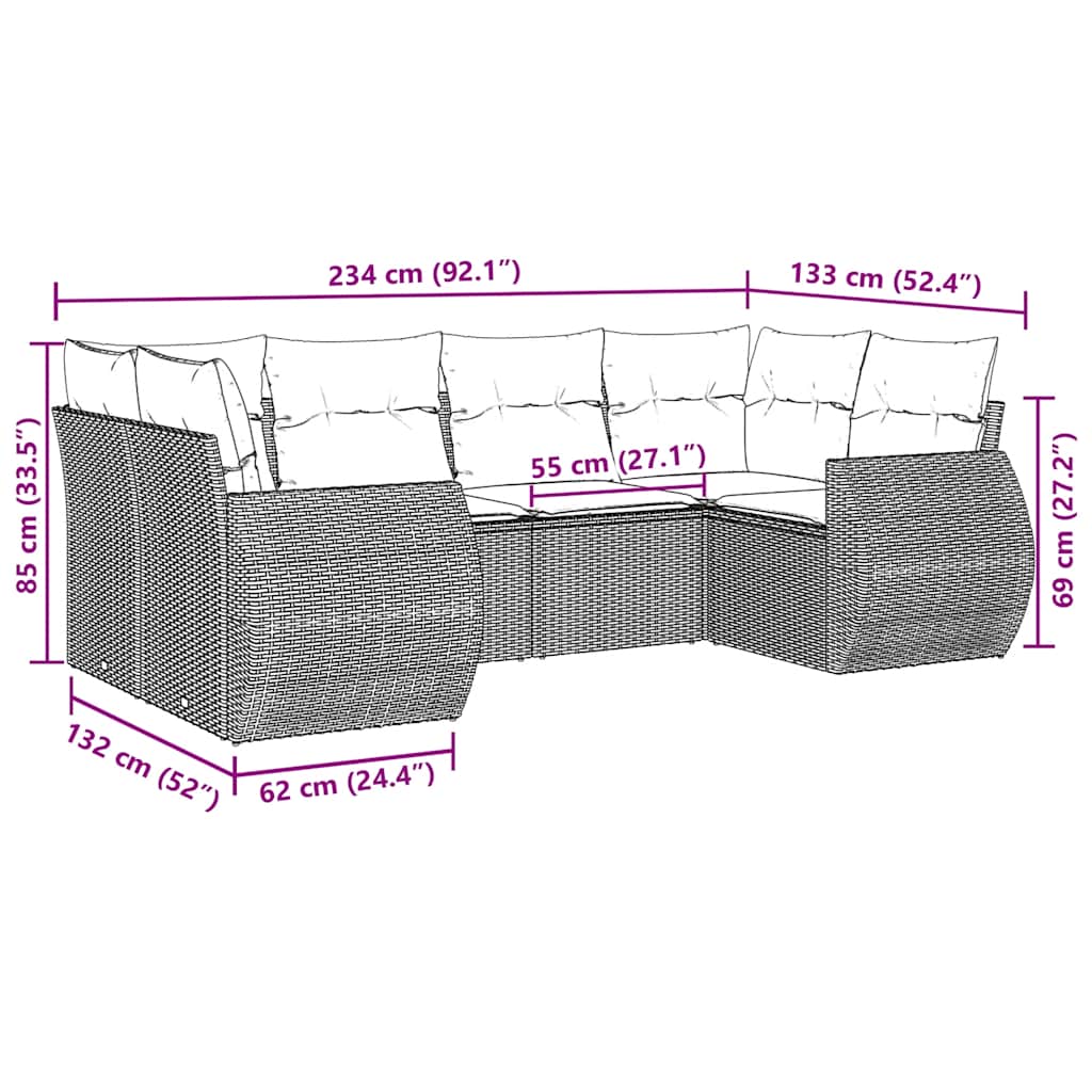 6 Pcs conjunto sofás de jardim c/ almofadões vime PE preto