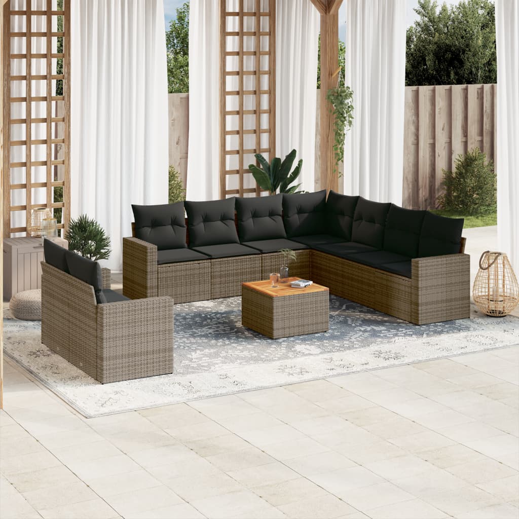 10 Pcs conjunto sofás de jardim c/ almofadões vime PE cinzento