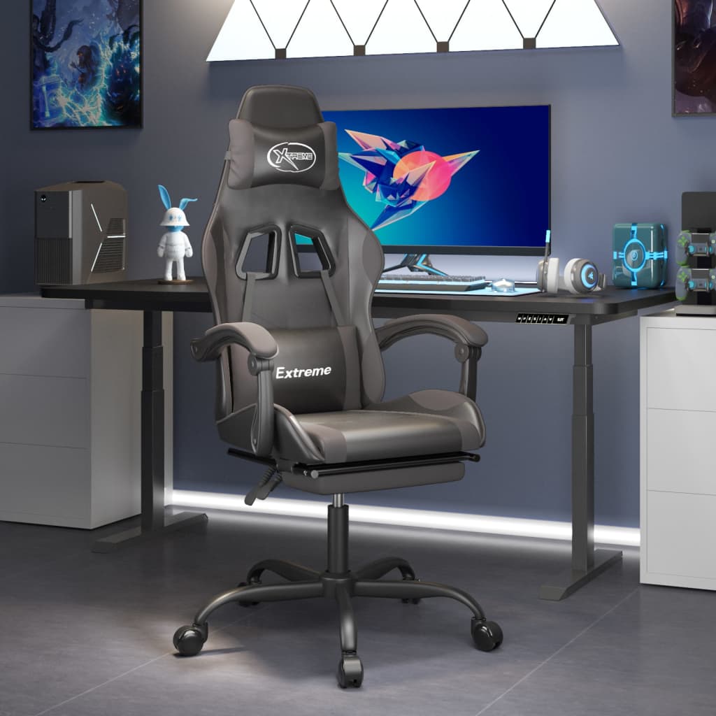 Cadeira gaming c/ apoio pés couro artificial preto e cinza