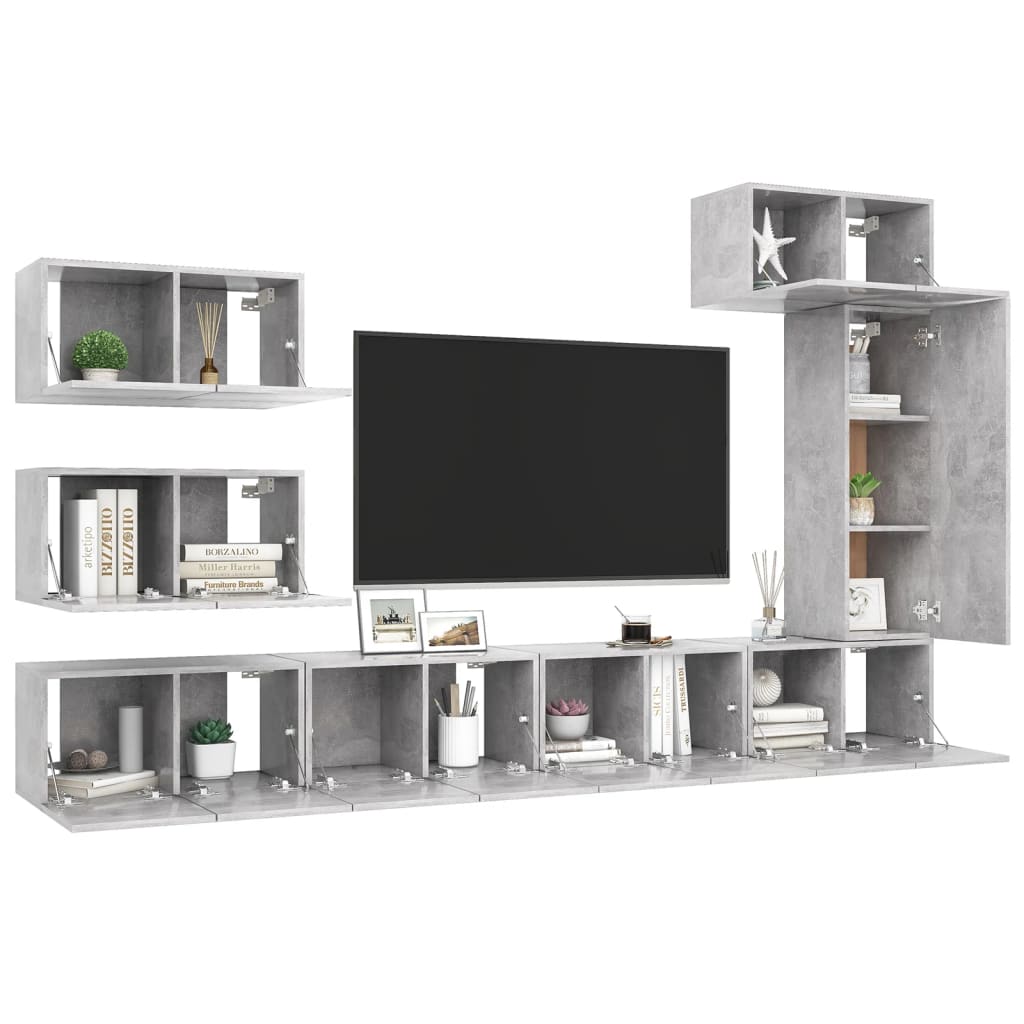 8 Pcs conjunto de móveis de TV derivados madeira cinza cimento