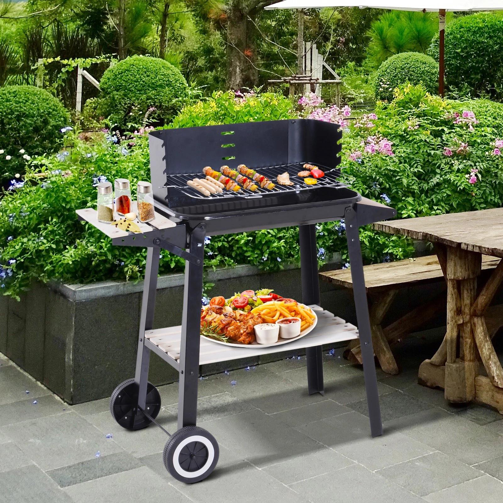 Barbecue a carvão com grelha ajustável em altura prateleiras e rodas para jardim exterior campismo 83x45x87 cm preto