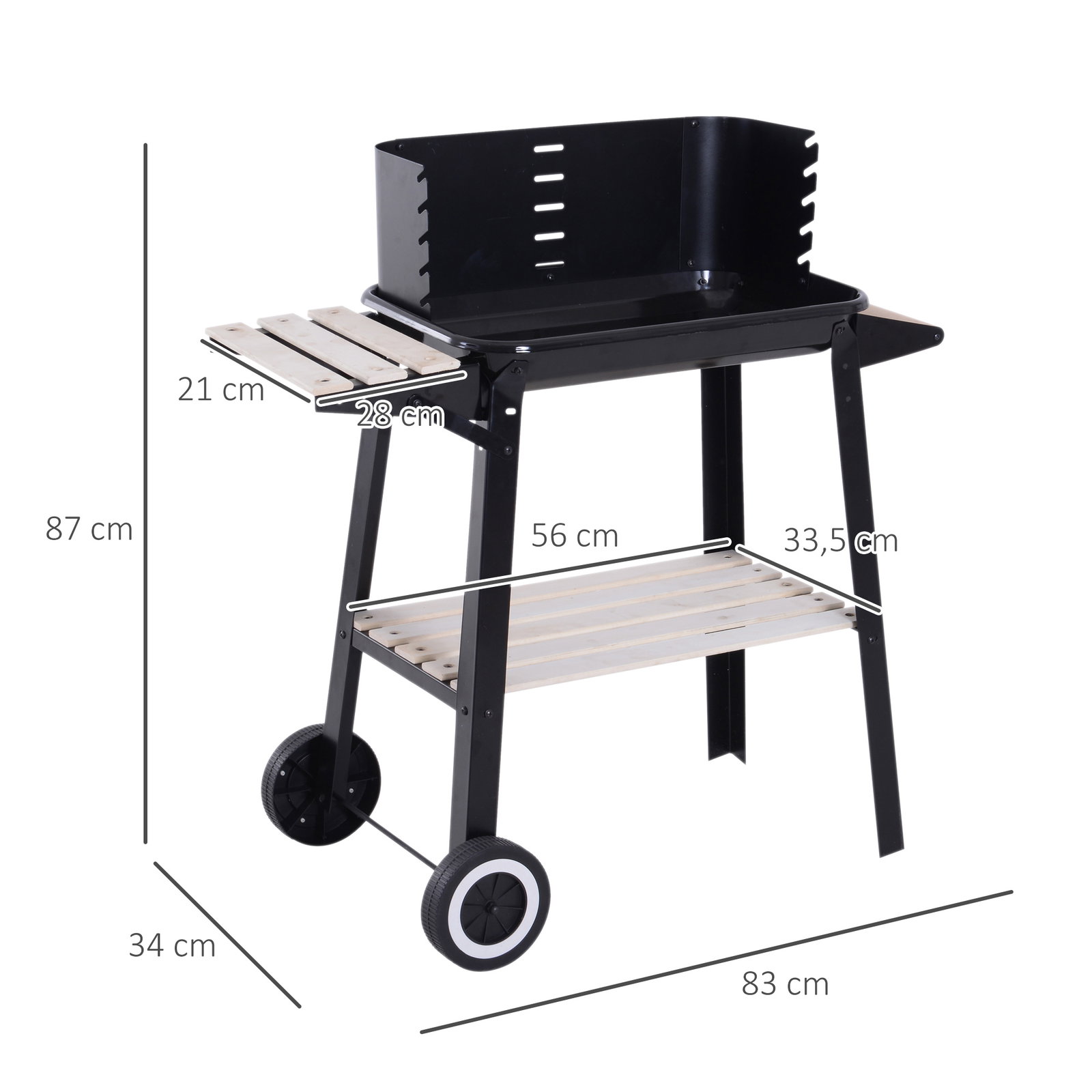Barbecue a carvão com grelha ajustável em altura prateleiras e rodas para jardim exterior campismo 83x45x87 cm preto