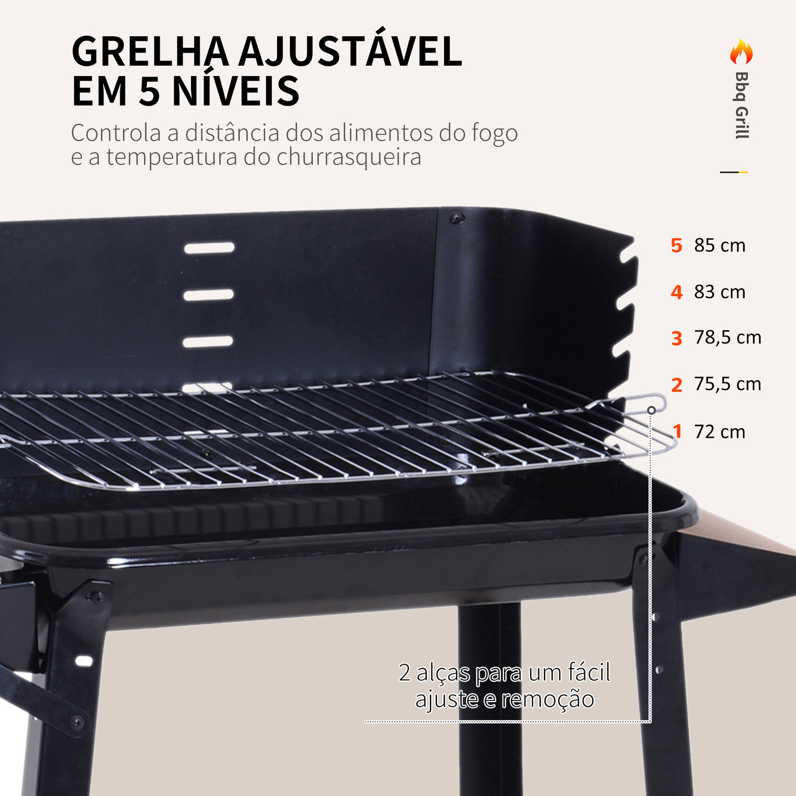 Barbecue a carvão com grelha ajustável em altura prateleiras e rodas para jardim exterior campismo 83x45x87 cm preto
