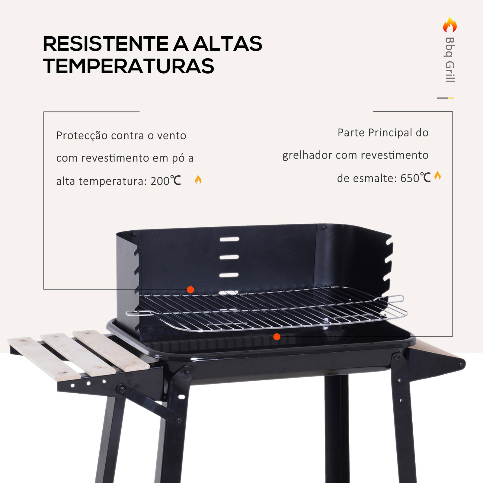 Barbecue a carvão com grelha ajustável em altura prateleiras e rodas para jardim exterior campismo 83x45x87 cm preto