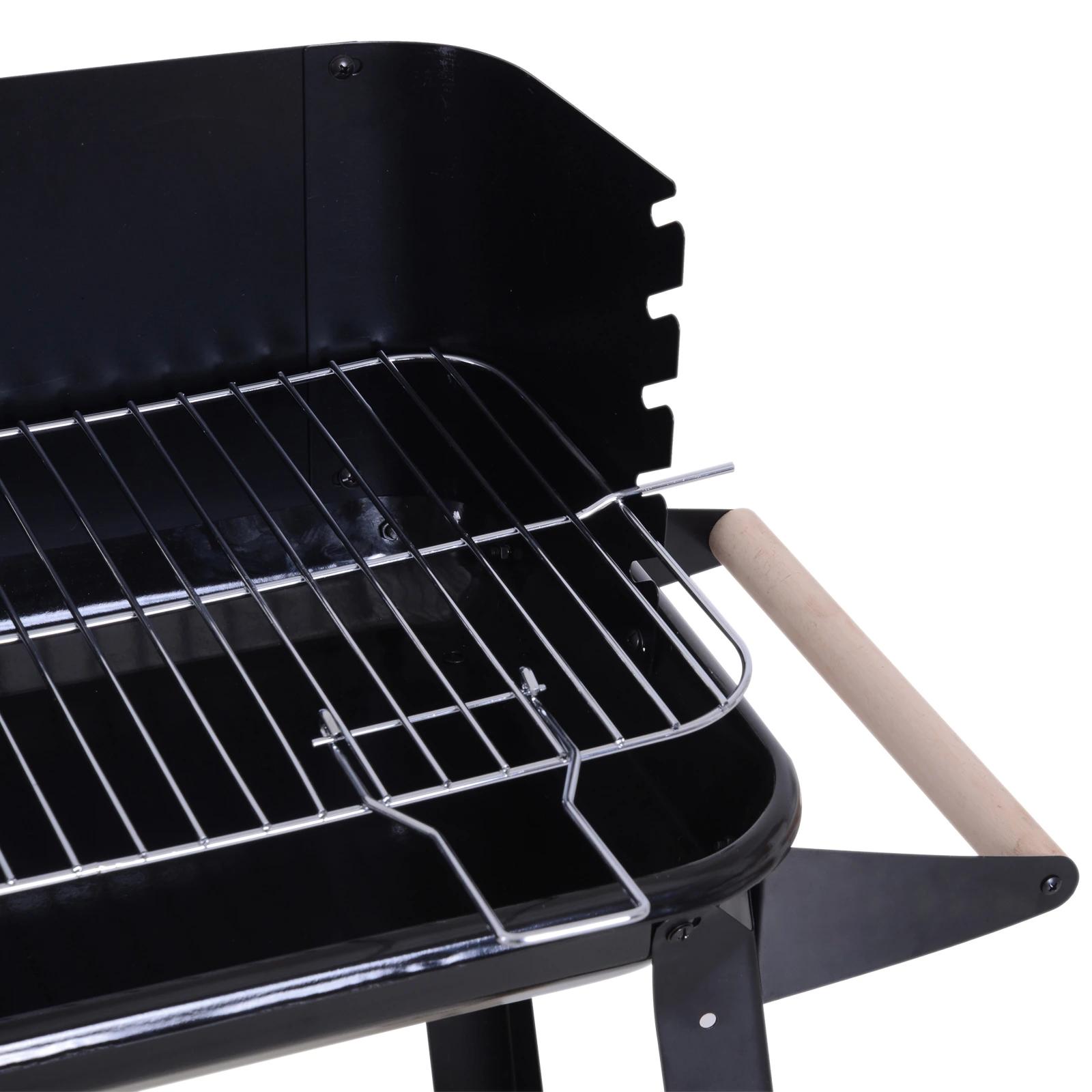 Barbecue a carvão com grelha ajustável em altura prateleiras e rodas para jardim exterior campismo 83x45x87 cm preto