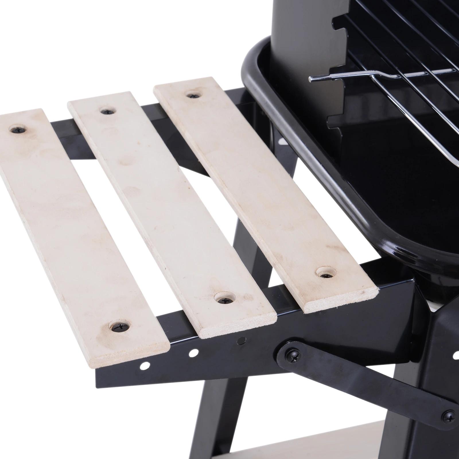 Barbecue a carvão com grelha ajustável em altura prateleiras e rodas para jardim exterior campismo 83x45x87 cm preto