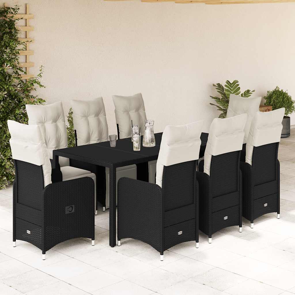 9 Pcs conjunto de bistrô p/ jardim c/ almofadões vime PE preto