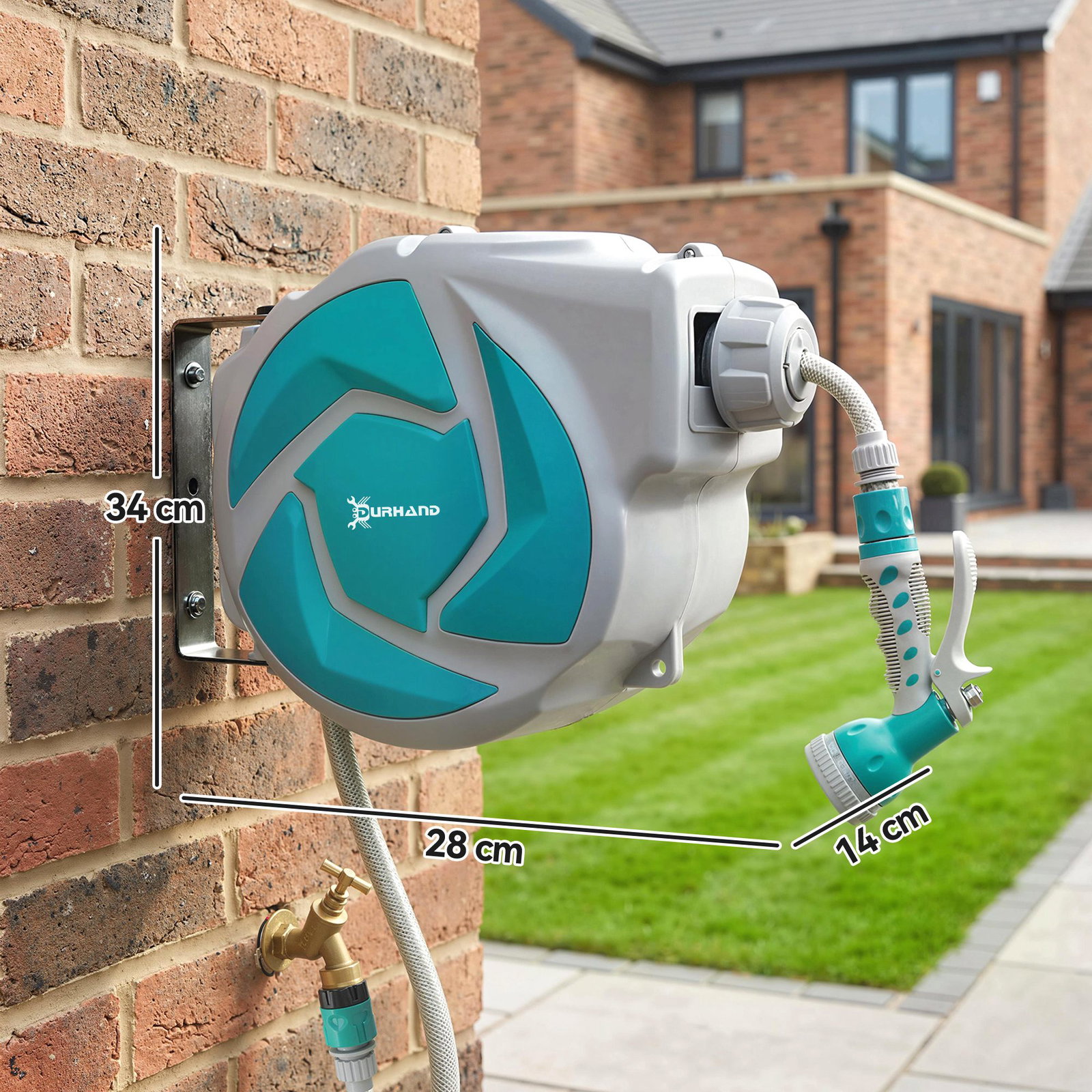 Mangueira retrátil de parede com enrolador de 10+1 m com enrolamento automático e bico de 7 funções gira 180°