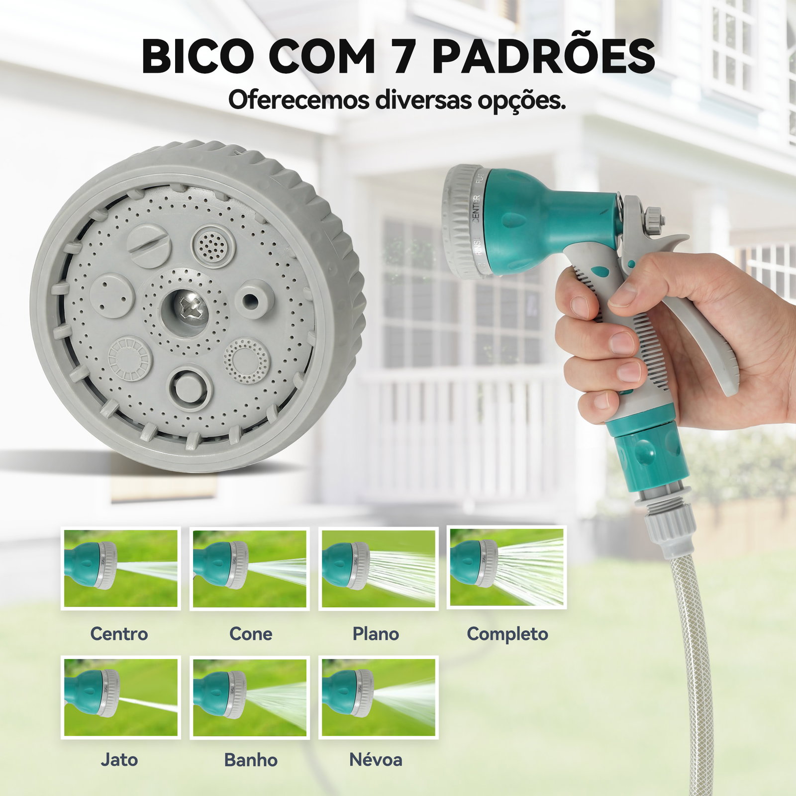 Mangueira retrátil de parede com enrolador de 10+1 m com enrolamento automático e bico de 7 funções gira 180°