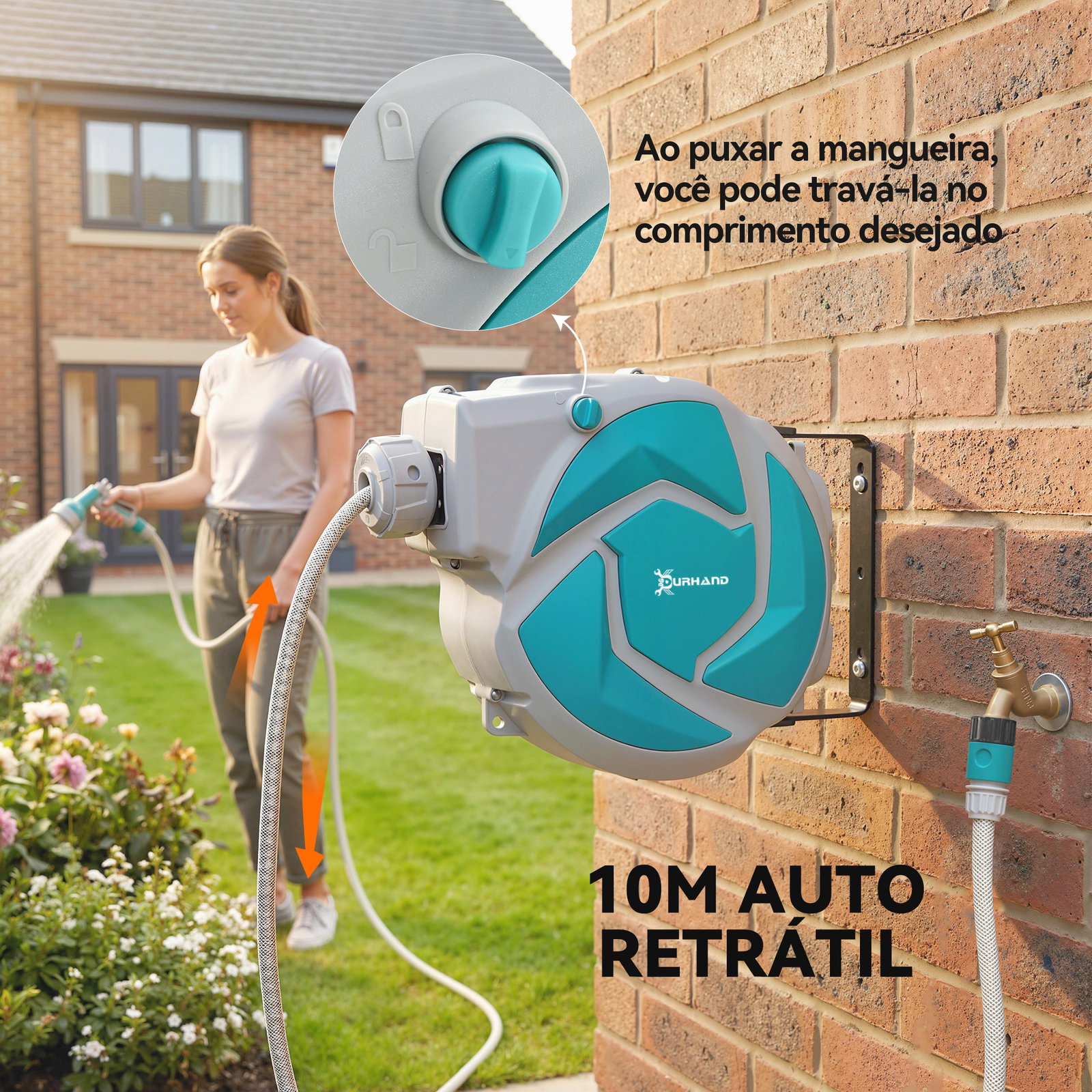 Mangueira retrátil de parede com enrolador de 10+1 m com enrolamento automático e bico de 7 funções gira 180°
