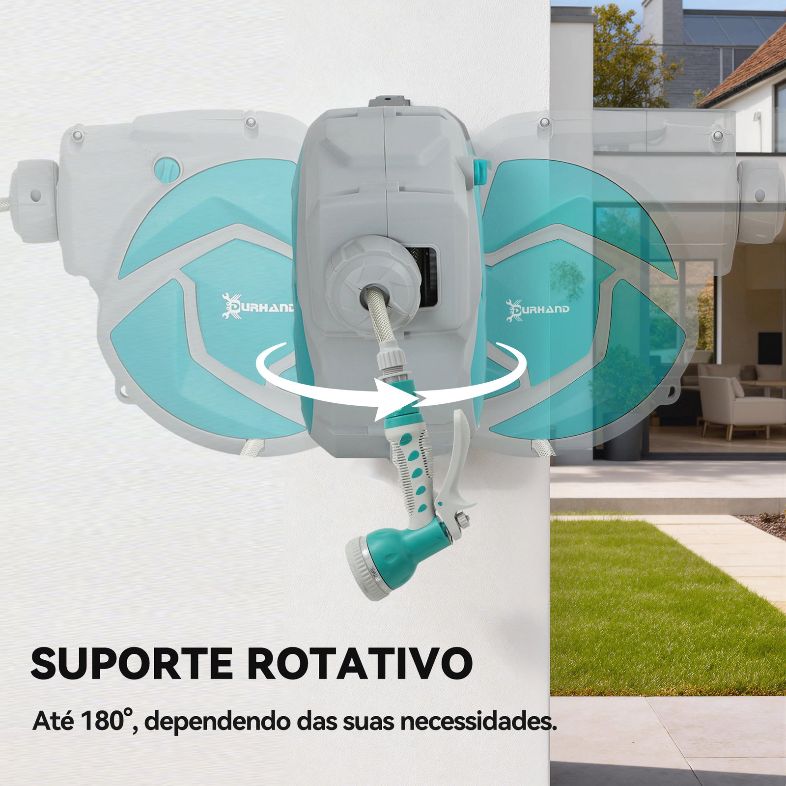 Mangueira retrátil de parede com enrolador de 10+1 m com enrolamento automático e bico de 7 funções gira 180°
