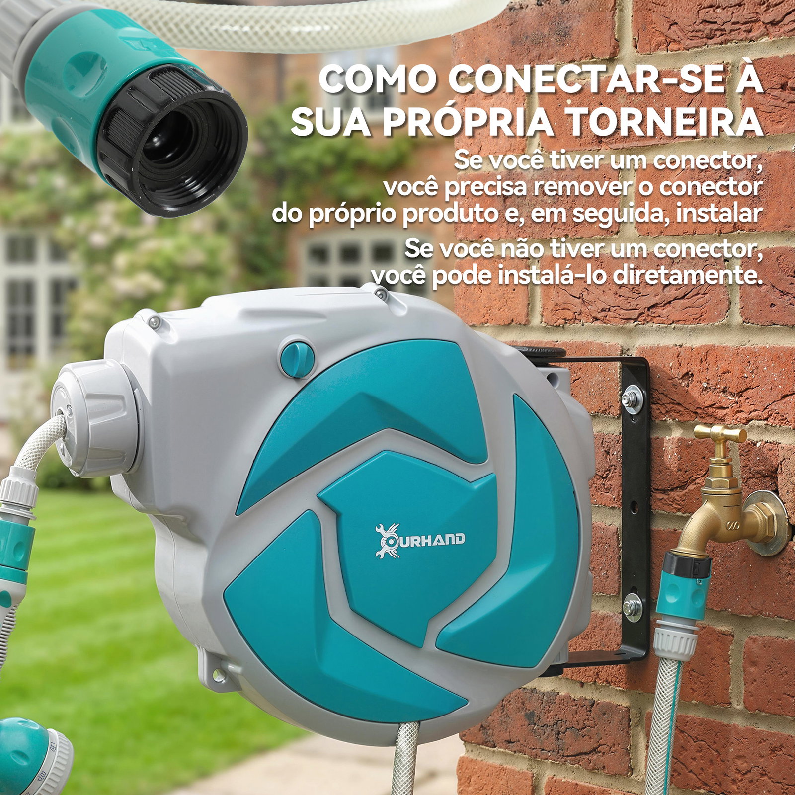 Mangueira retrátil de parede com enrolador de 10+1 m com enrolamento automático e bico de 7 funções gira 180°