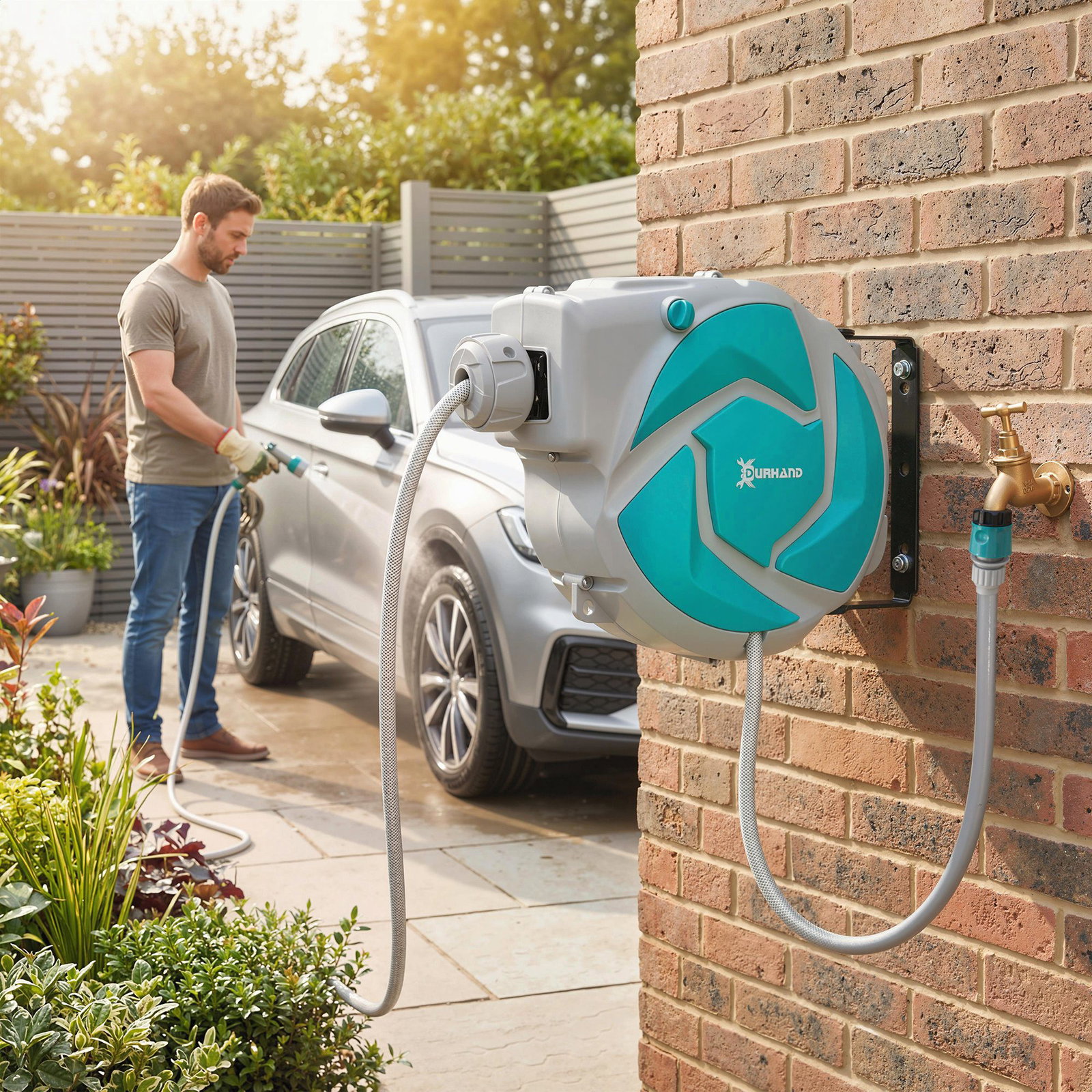 Mangueira retrátil de parede com enrolador de 10+1 m com enrolamento automático e bico de 7 funções gira 180°