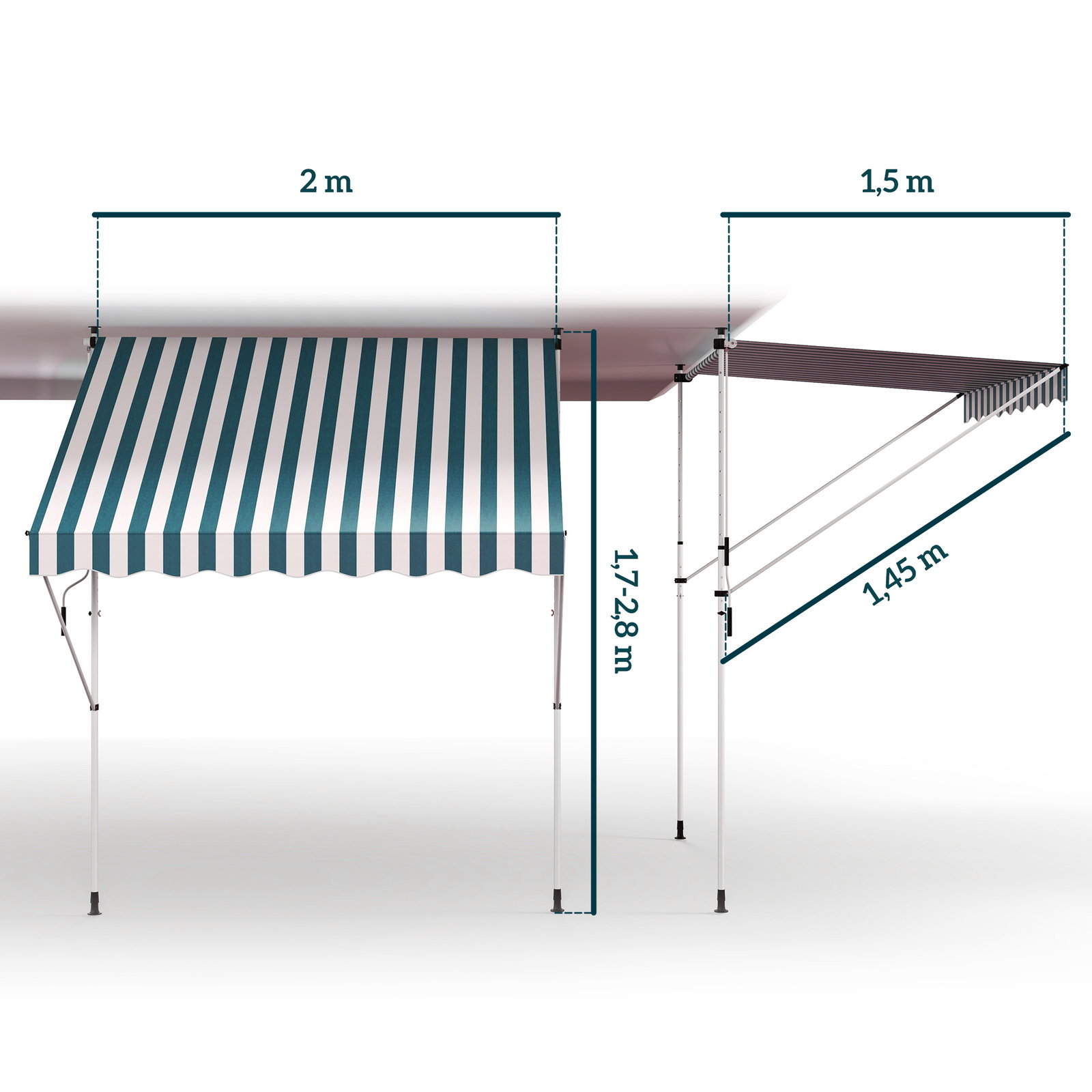 Toldo manual retrátil 200x150 cm com manivela de alumínio ângulo ajustável proteção solar para varanda verde e branco