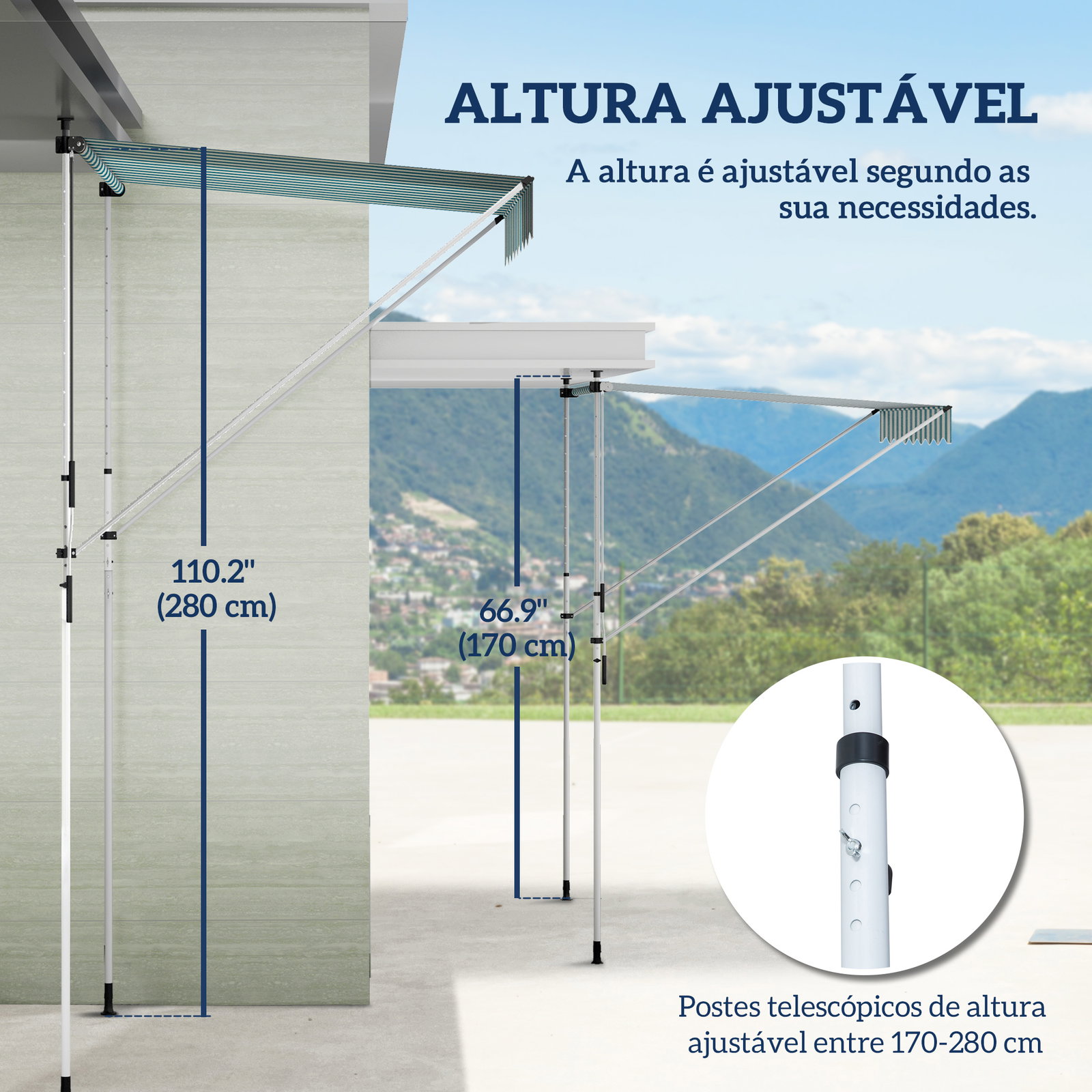 Toldo manual retrátil 200x150 cm com manivela de alumínio ângulo ajustável proteção solar para varanda verde e branco