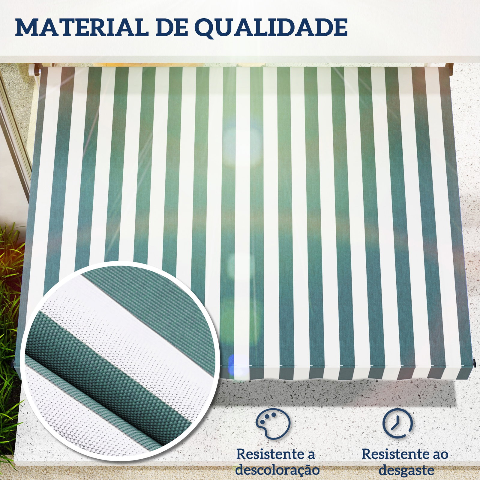 Toldo manual retrátil 200x150 cm com manivela de alumínio ângulo ajustável proteção solar para varanda verde e branco