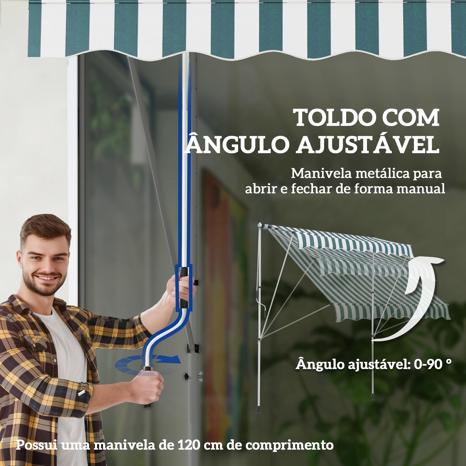Toldo manual retrátil 200x150 cm com manivela de alumínio ângulo ajustável proteção solar para varanda verde e branco