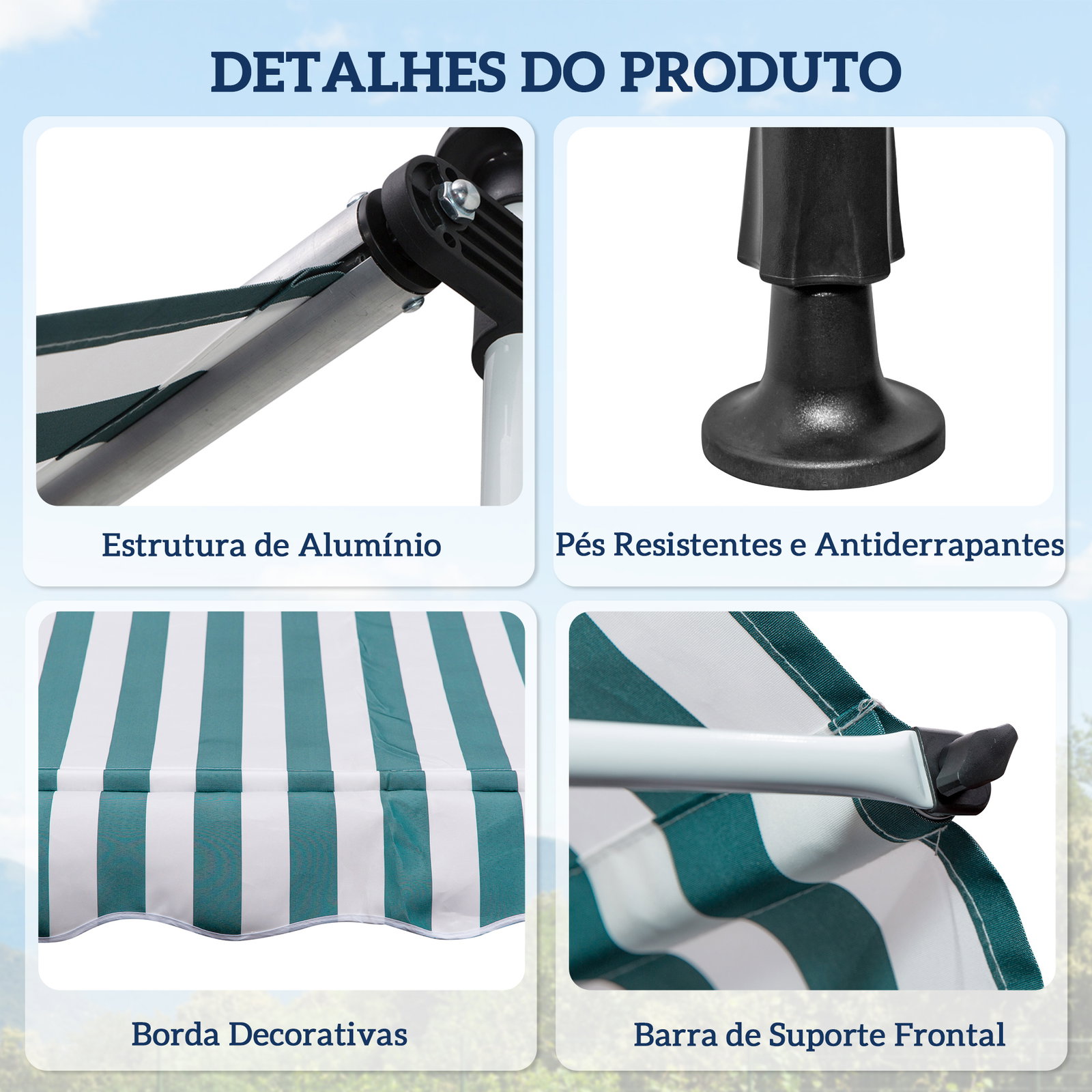 Toldo manual retrátil 200x150 cm com manivela de alumínio ângulo ajustável proteção solar para varanda verde e branco