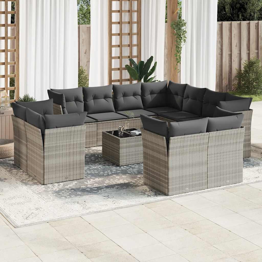 12 Pcs conj. sofás jardim com almofadões vime PE cinzento-claro