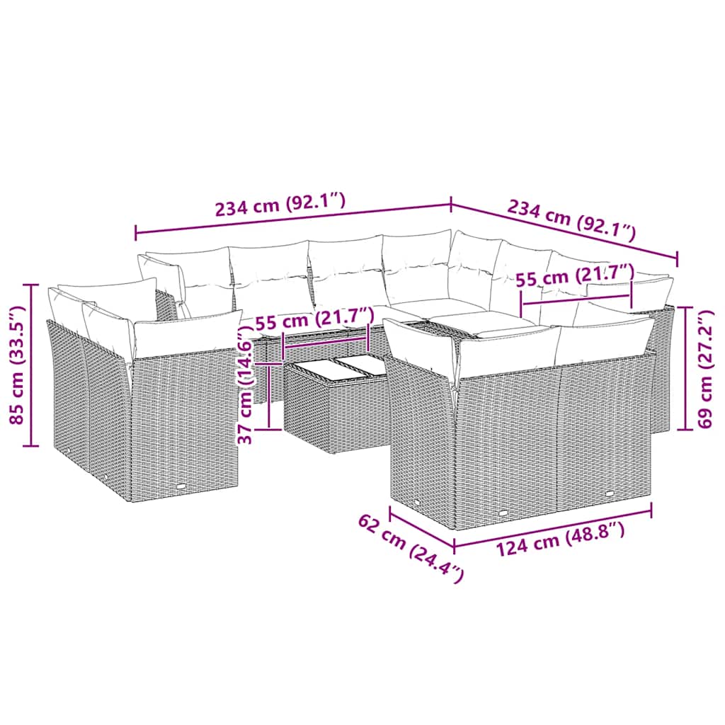 12 Pcs conj. sofás jardim com almofadões vime PE cinzento-claro