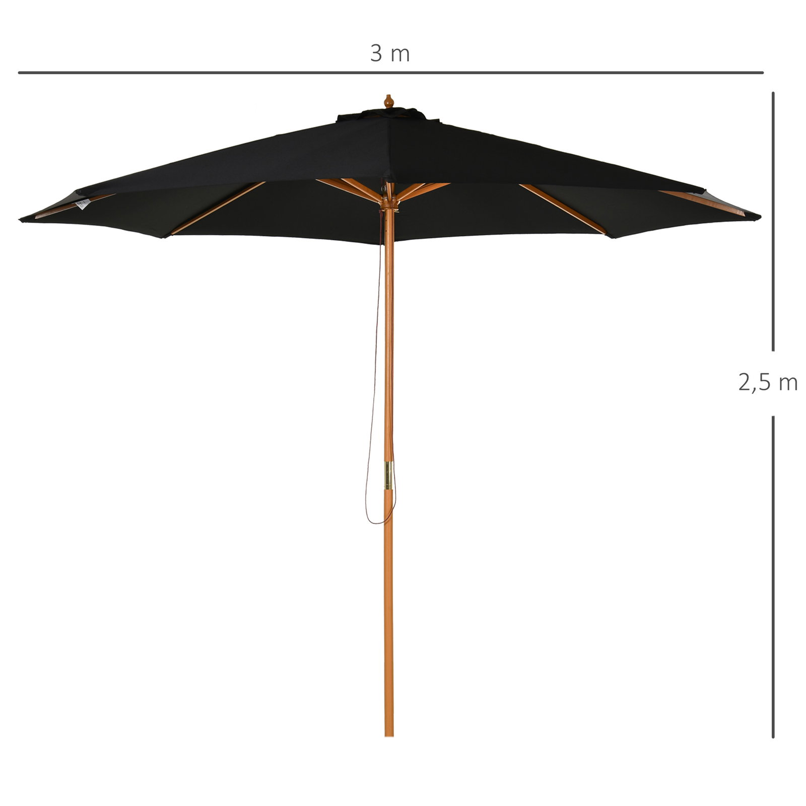 Chapéu de sol de jardim ø300x250cm com sistema de polia teto ventilado e mastro desmontável de madeira para terraço pátio exterior preto