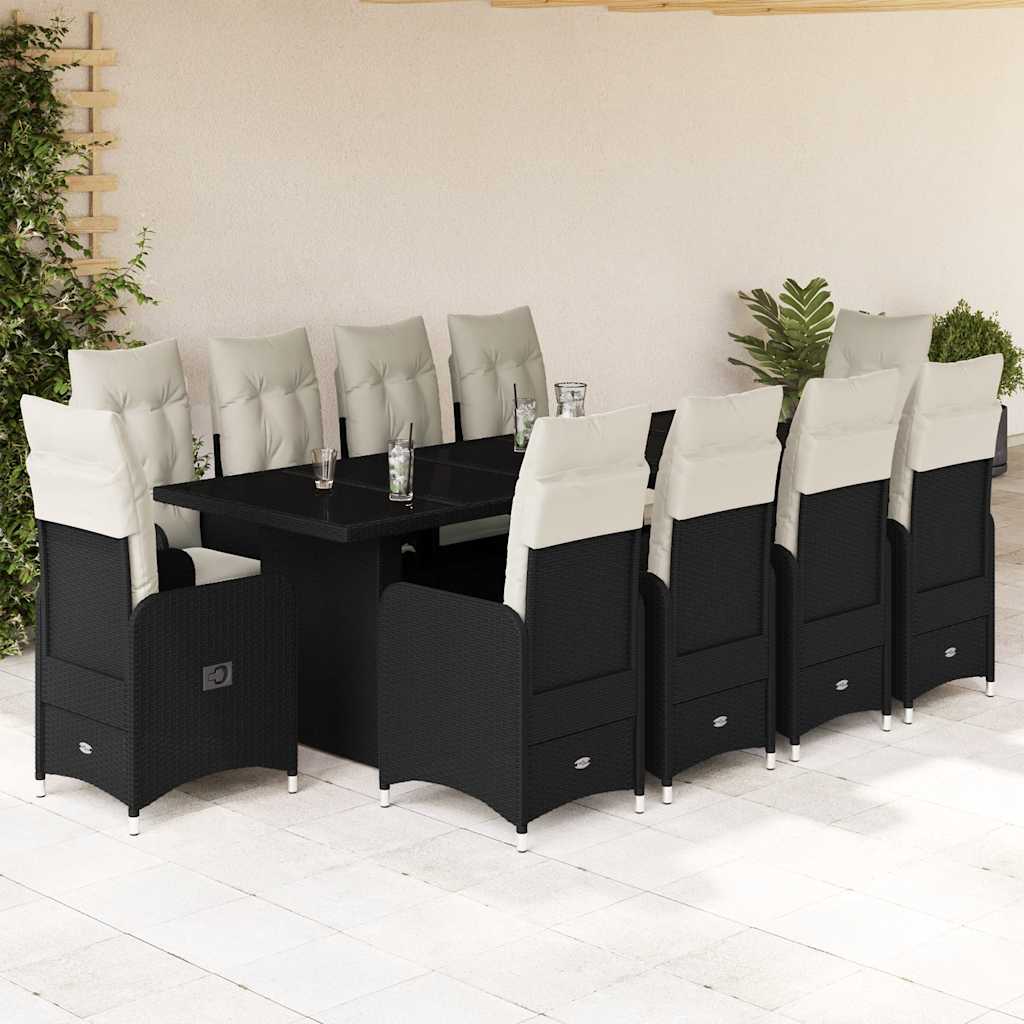 11 Pcs conjunto de bistrô p/ jardim c/ almofadões vime PE preto