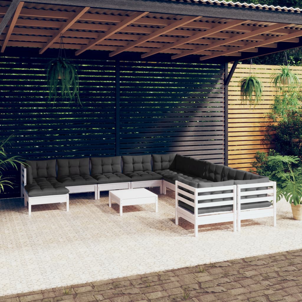 12 Pcs conjunto lounge de jardim c/ almofadões pinho branco