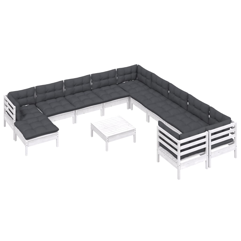 12 Pcs conjunto lounge de jardim c/ almofadões pinho branco