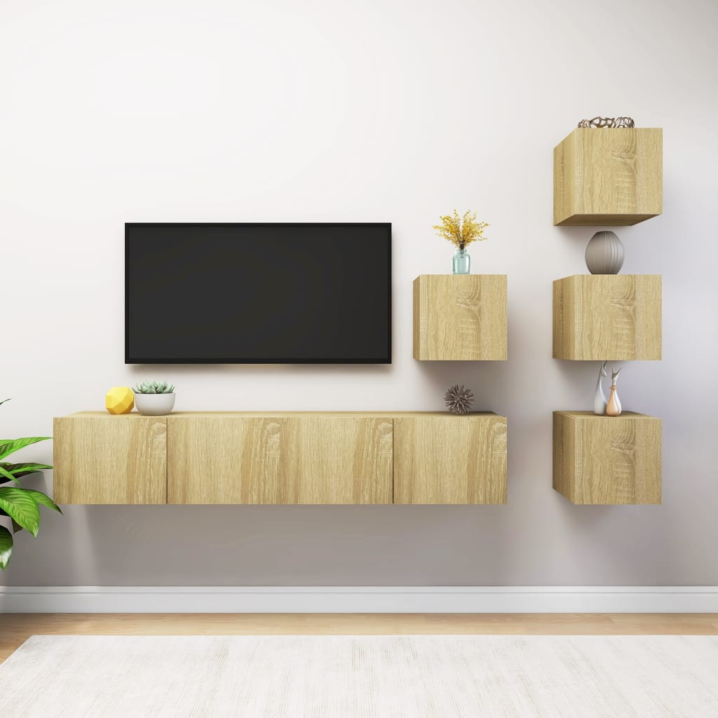 6Pcs conjunto de móveis de TV derivados madeira carvalho sonoma