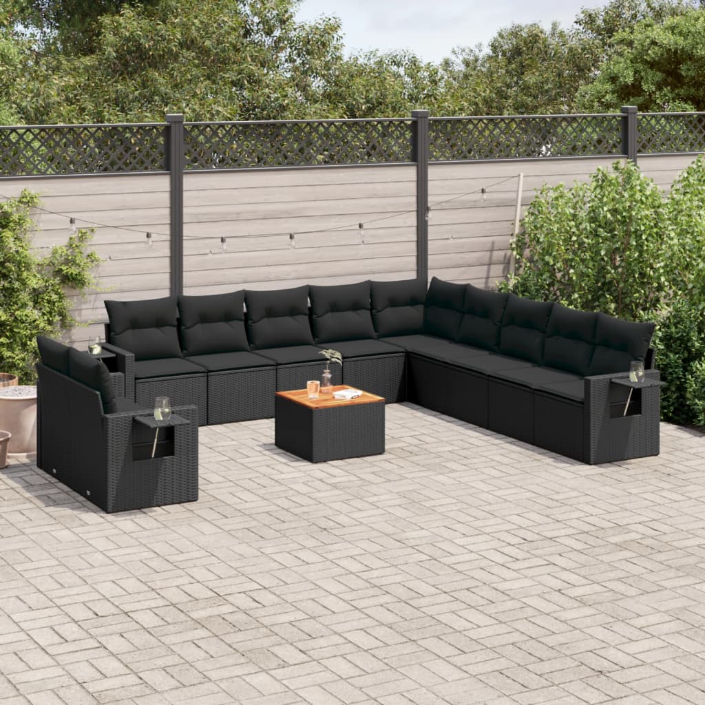 12 Pcs conjunto de sofás de jardim c/ almofadões vime PE preto