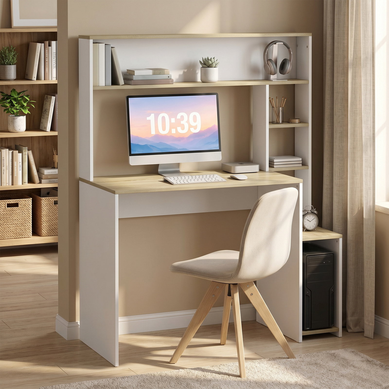 Secretária para computador com estantes e suporte para cpu 114x45x138 cm branco e natural