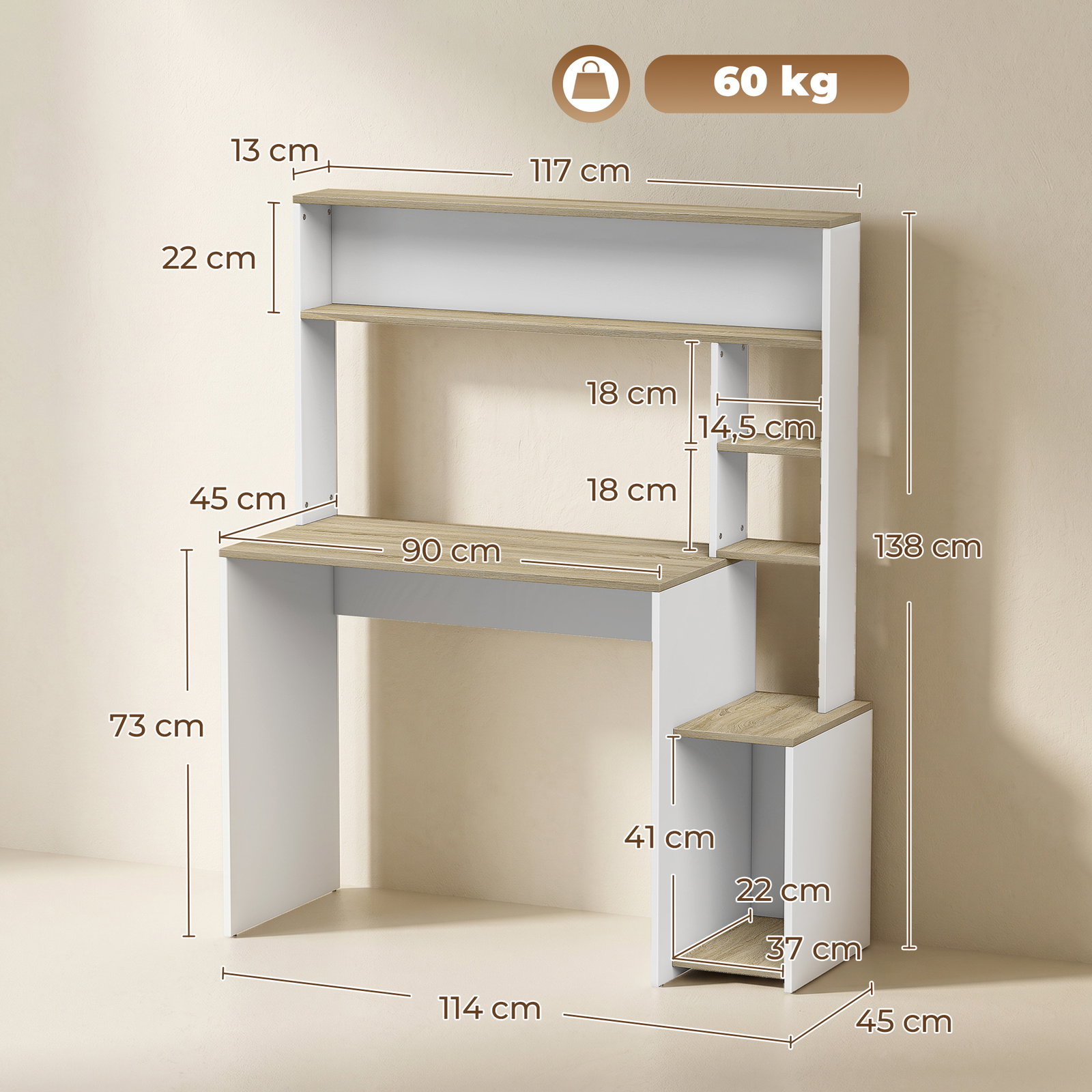Secretária para computador com estantes e suporte para cpu 114x45x138 cm branco e natural