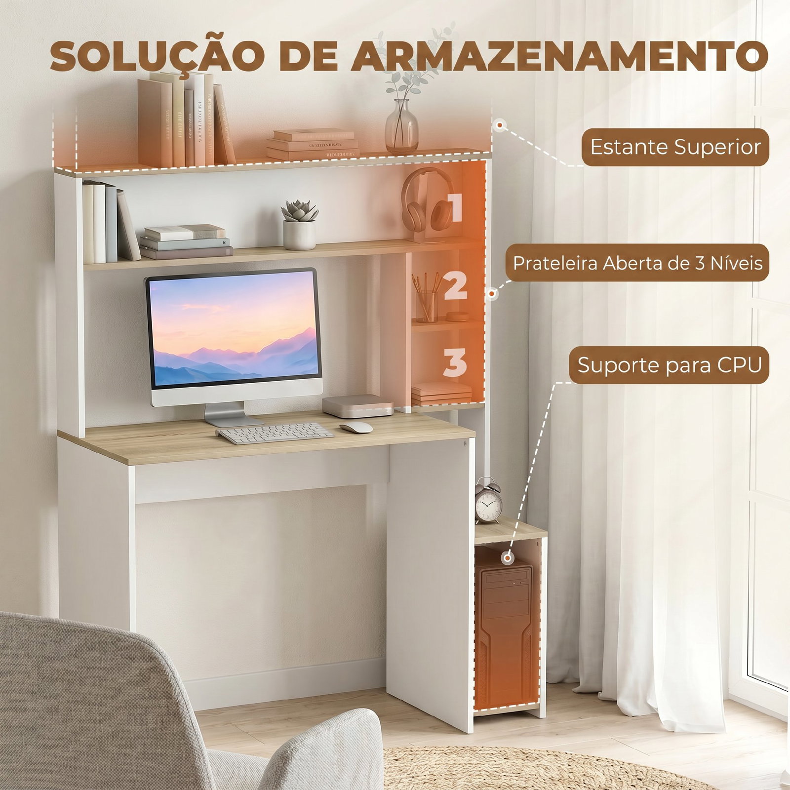 Secretária para computador com estantes e suporte para cpu 114x45x138 cm branco e natural