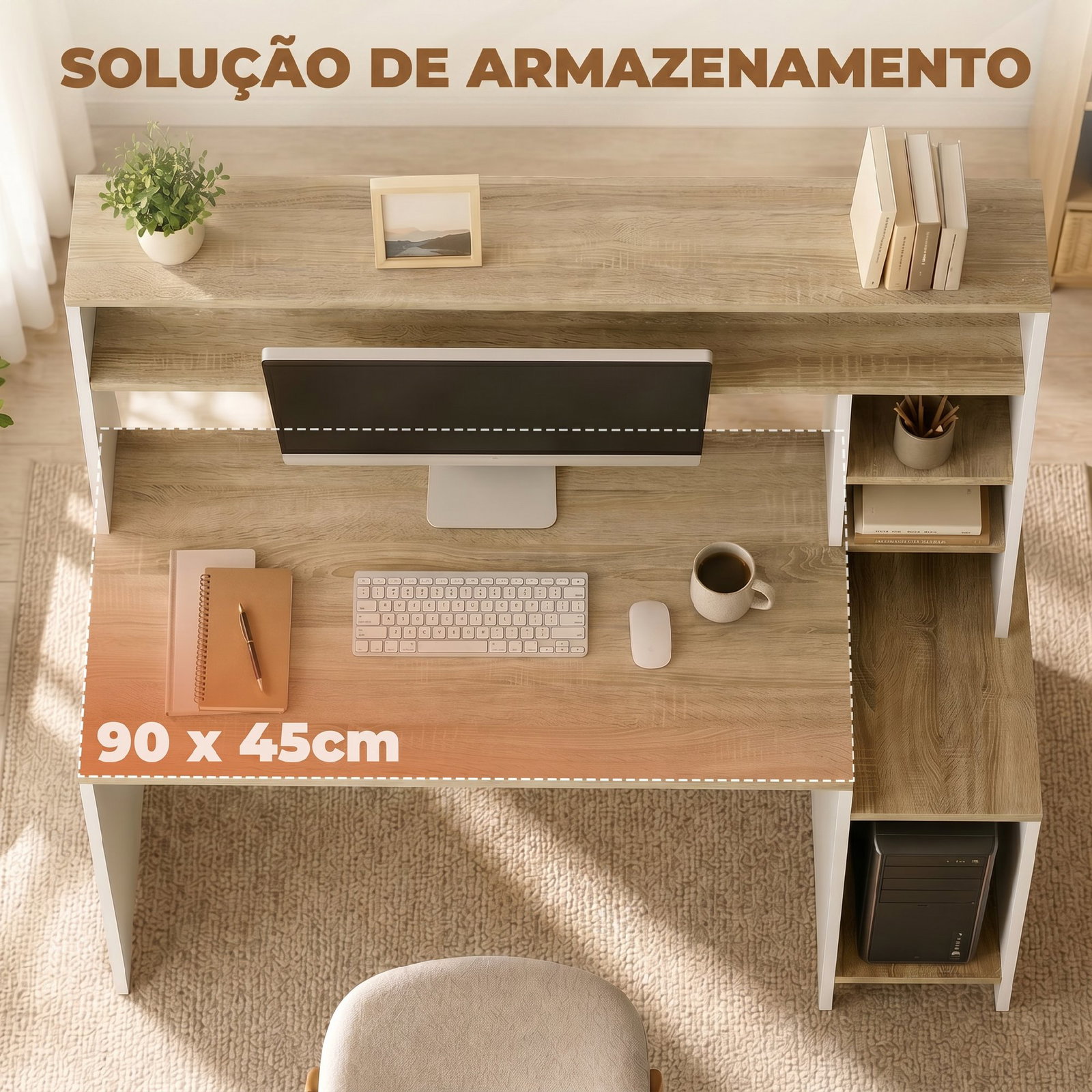 Secretária para computador com estantes e suporte para cpu 114x45x138 cm branco e natural
