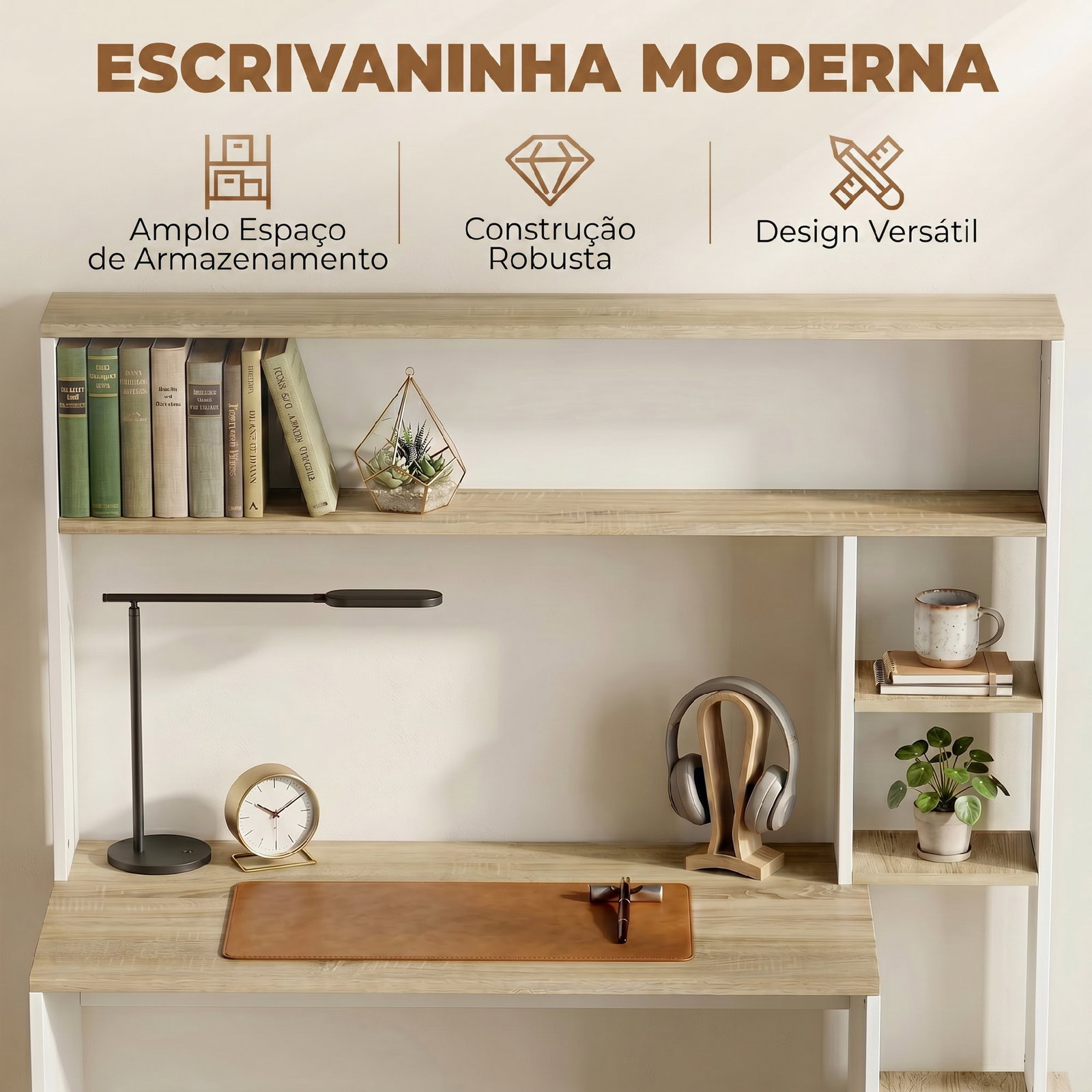 Secretária para computador com estantes e suporte para cpu 114x45x138 cm branco e natural