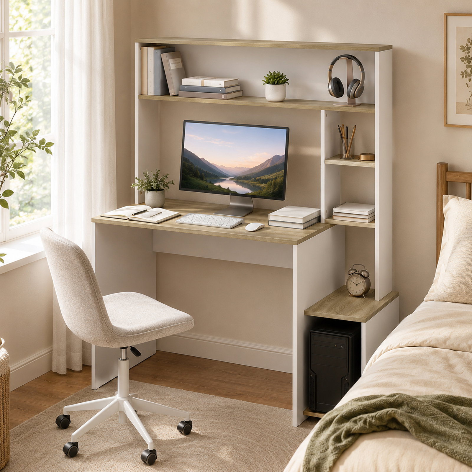 Secretária para computador com estantes e suporte para cpu 114x45x138 cm branco e natural