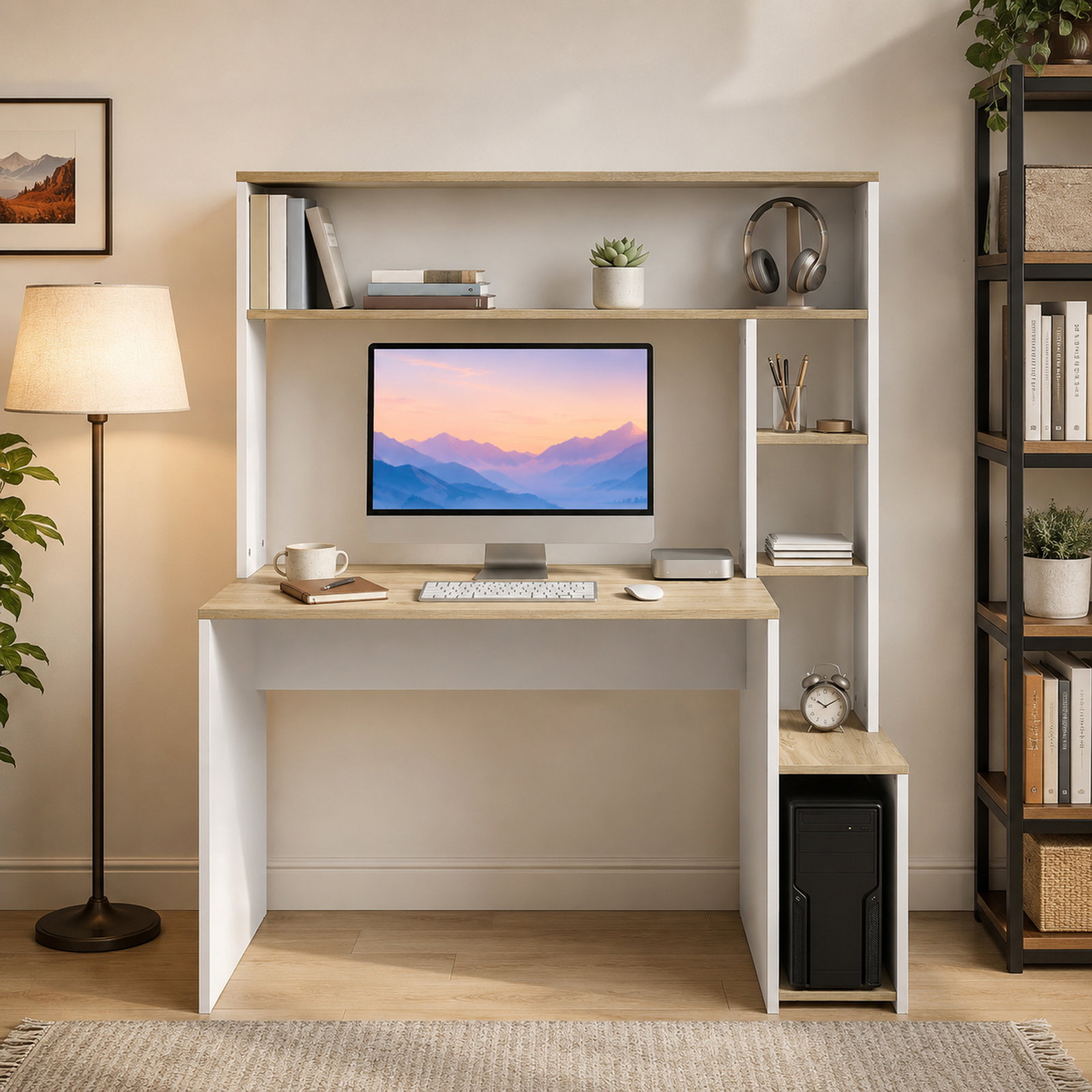 Secretária para computador com estantes e suporte para cpu 114x45x138 cm branco e natural