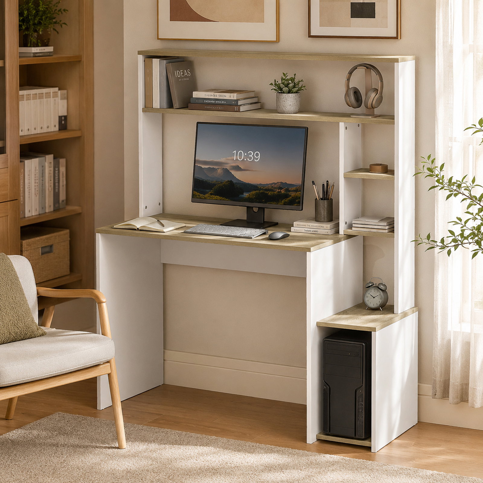 Secretária para computador com estantes e suporte para cpu 114x45x138 cm branco e natural
