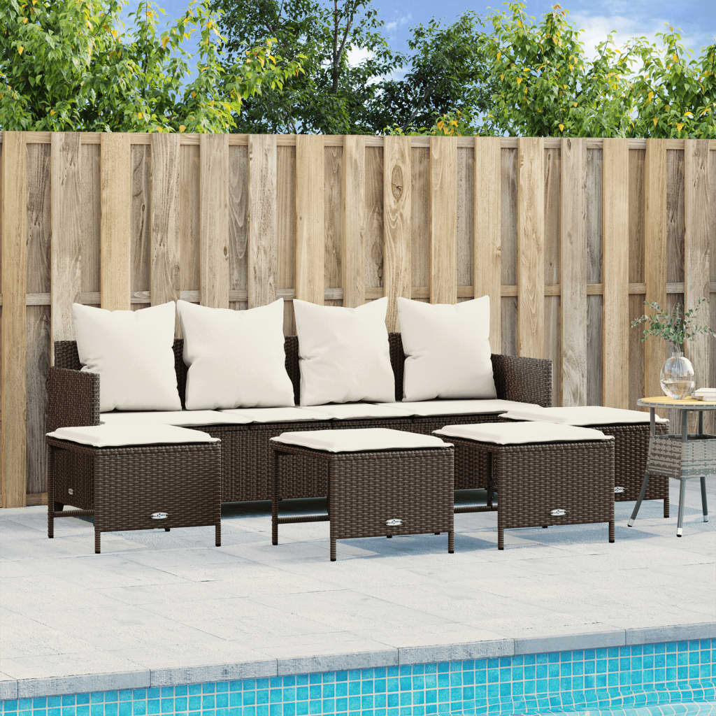 5 Pcs conjunto sofás p/ jardim c/ almofadões vime PE castanho