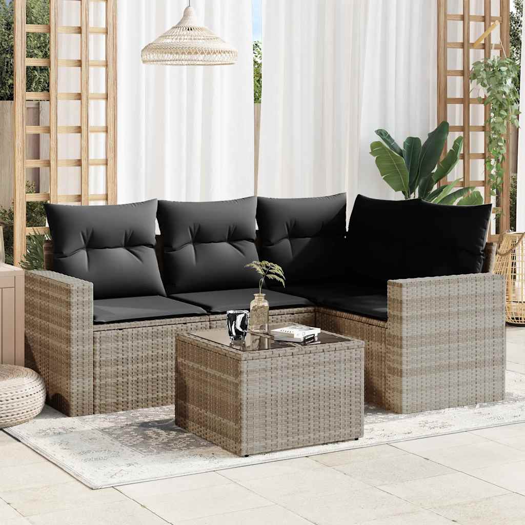 5 Pcs conj. sofás jardim c/ almofadões vime PE cinzento-claro