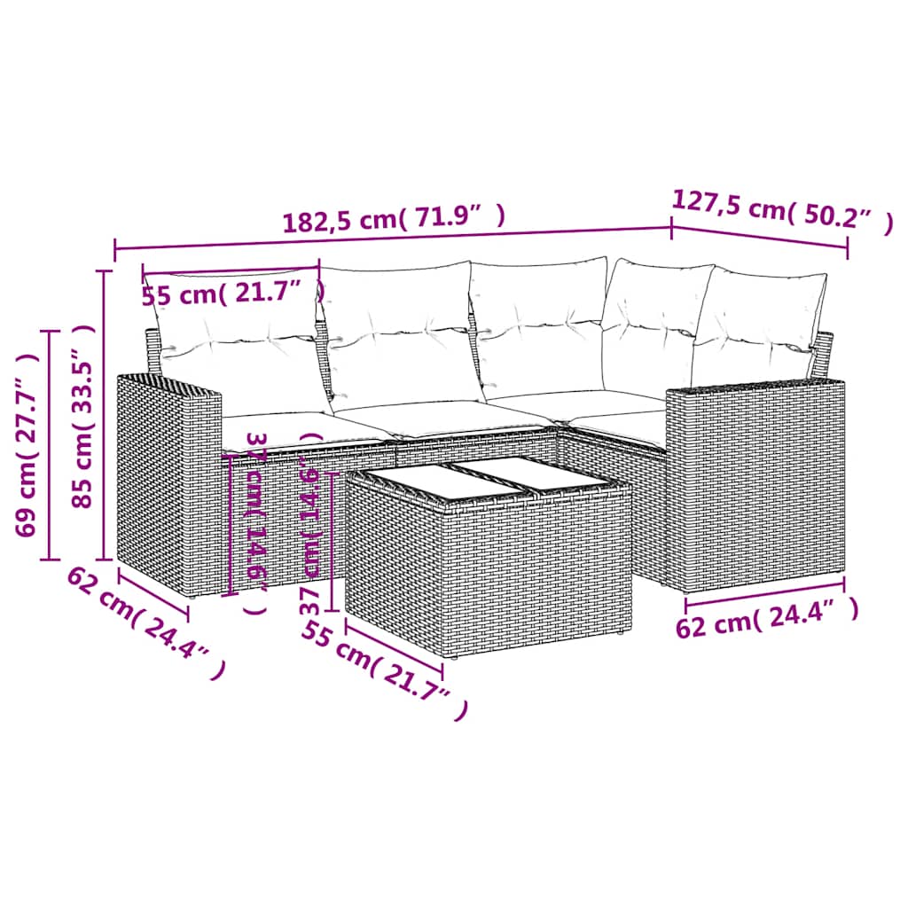 5 Pcs conj. sofás jardim c/ almofadões vime PE cinzento-claro